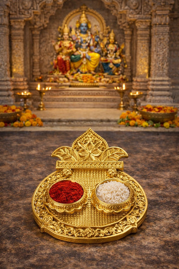 Designer Kalash Roli Chawal plate used for tilak ceremony, wedding rituals, and traditional Indian pooja.