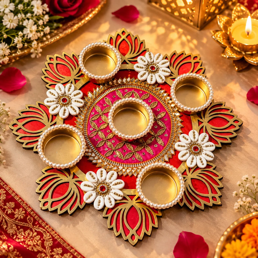 Designer lotus diya rangoli with 6 tealight holders for Diwali home decoration