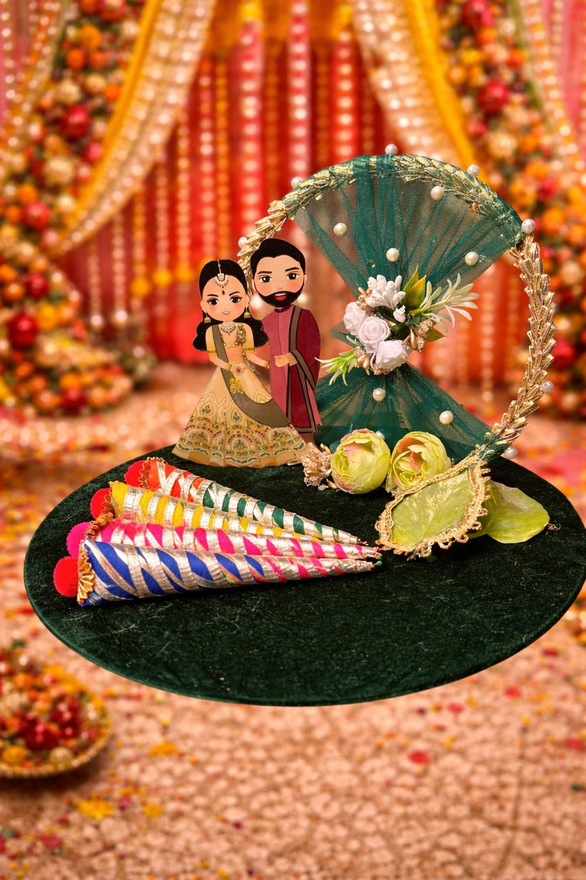 Designer mehndi platter with bride groom figurines and decorated mehndi cones