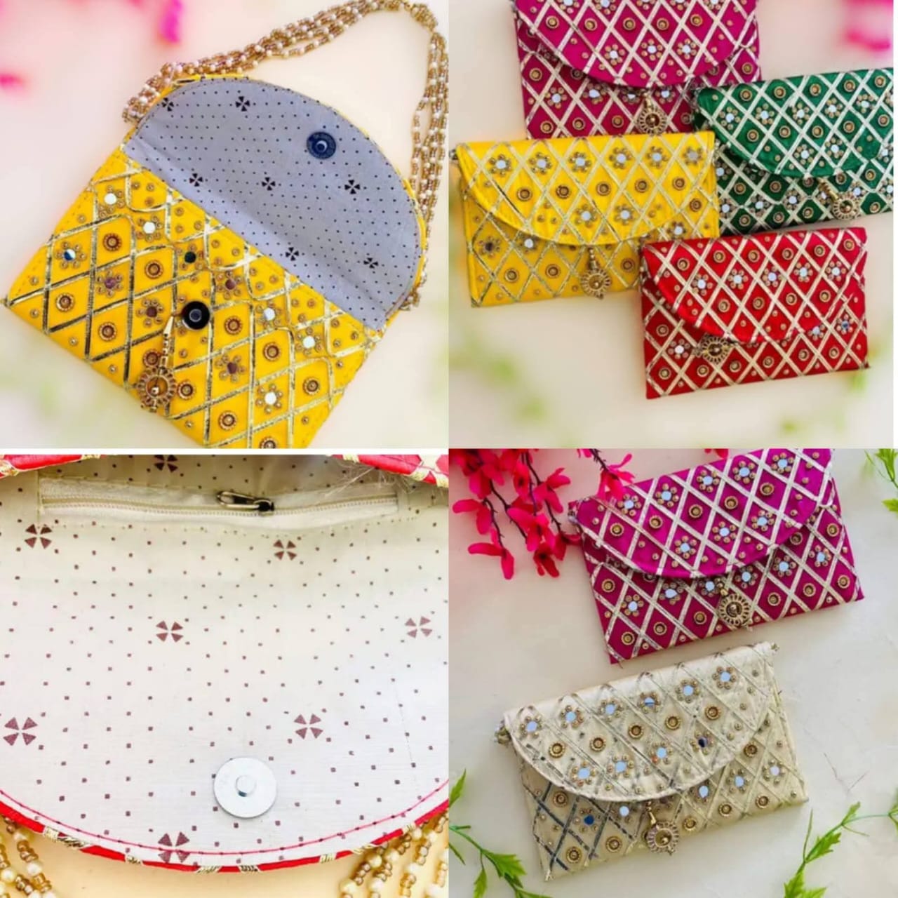 Stylish mirror work clutch purse with pearl handle for women, ideal for bridal events and traditional Indian outfits
