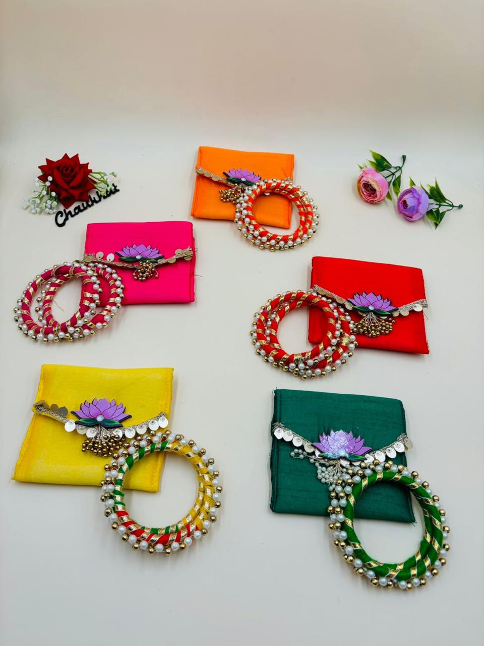 Designer pearl moti kangan with mini lotus design bag for wedding and pooja use