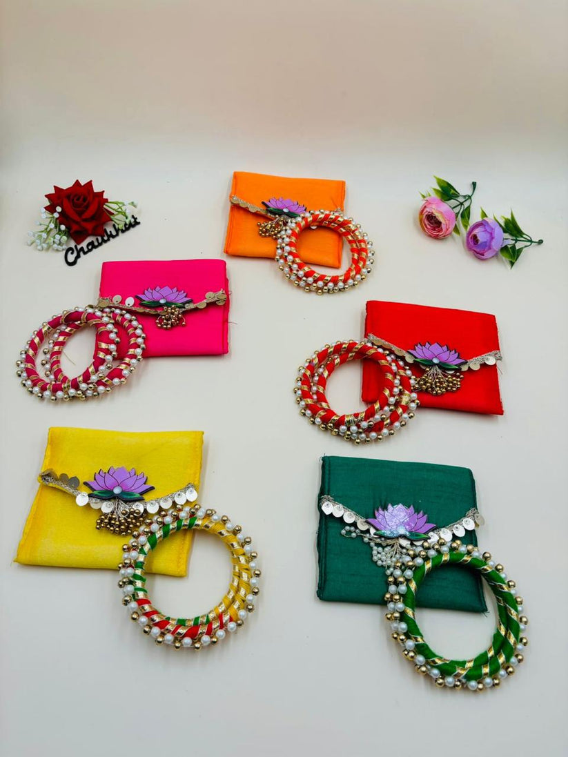 Designer pearl moti kangan with mini lotus design bag for wedding and pooja use