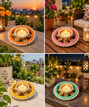 Designer Multicolor Tealight Candle Holder Pair with Pearl Work for Diwali Decoration