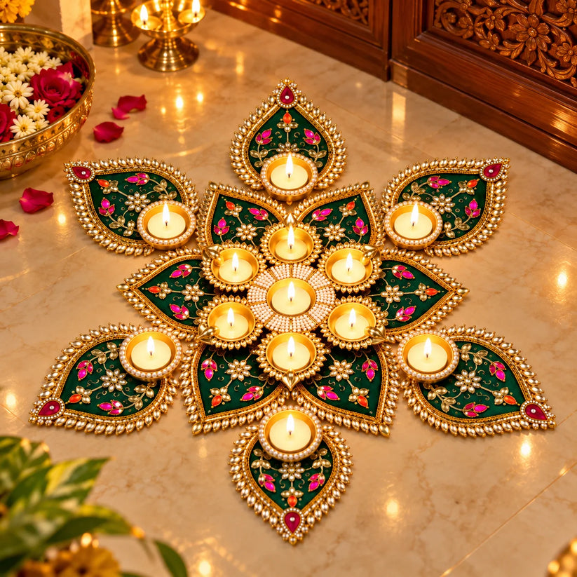 Designer peacock rangoli tealight holder for Diwali, pooja and festive home decoration