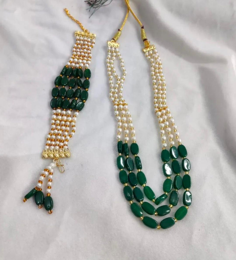 Designer pearl mala set with green beads for wedding and ethnic wear