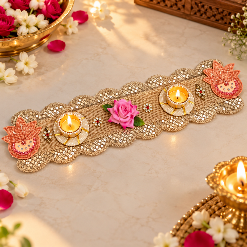 Designer tea light holder table runner with decorative pearl work for Diwali home decoration and festive table styling