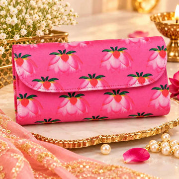 Designer Pink Lotus Floral Clutch Potli Bag | Wedding, Diwali, Puja & Festive Gift Pouch