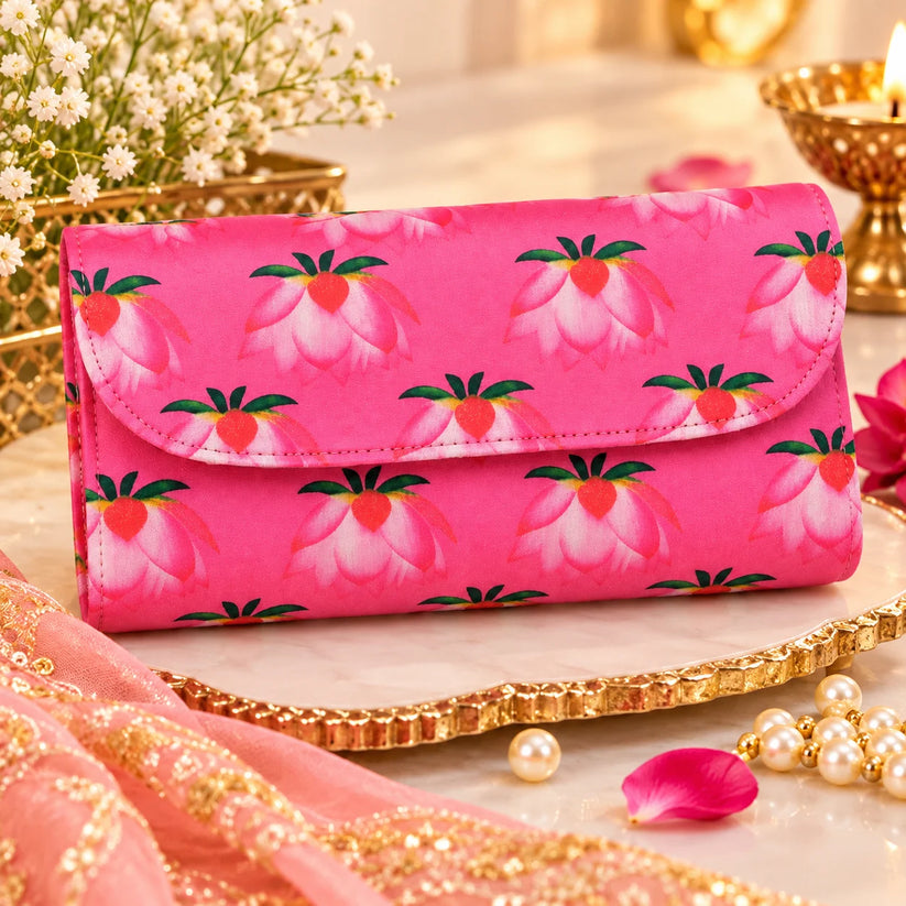 Designer pink lotus floral clutch potli bag for wedding, Diwali, Puja and festive gifting