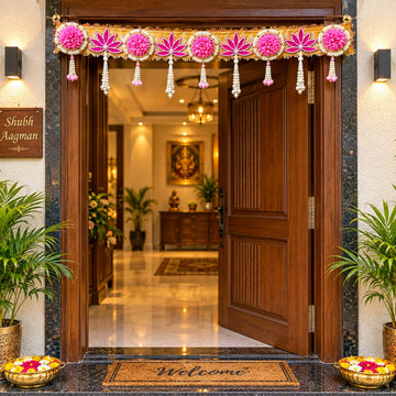 Designer pink lotus floral toran banderwal with pearl hangings for main door decoration