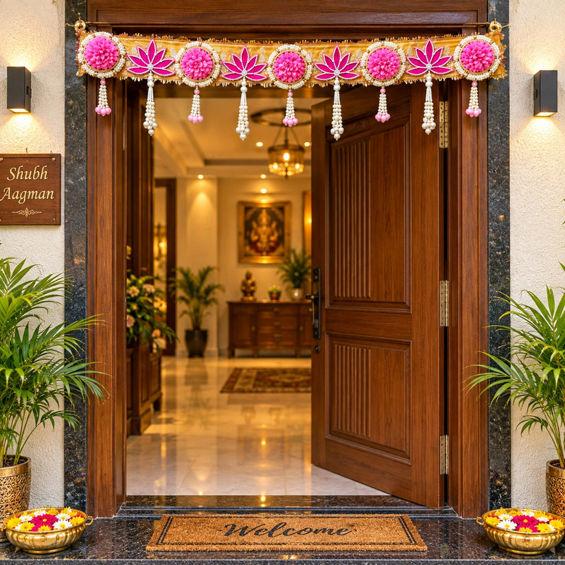 Designer pink lotus floral toran banderwal with pearl hangings for main door decoration