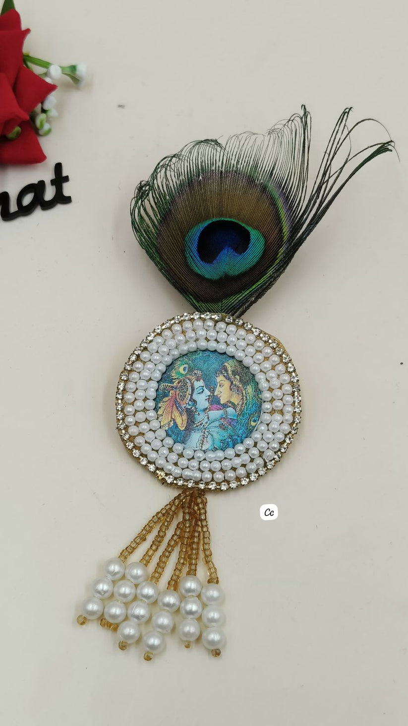 Religious Radha Krishna peacock feather brooch for festive wear