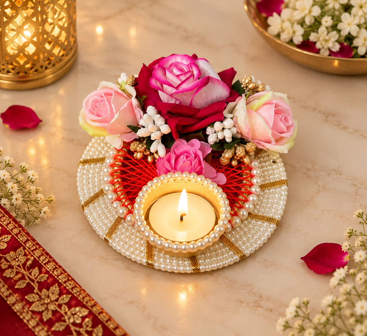 Designer rose and pearl tealight candle holder for Diwali home decor and festive decoration