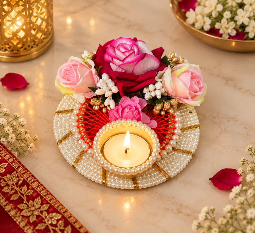 Designer rose and pearl tealight candle holder for Diwali home decor and festive decoration