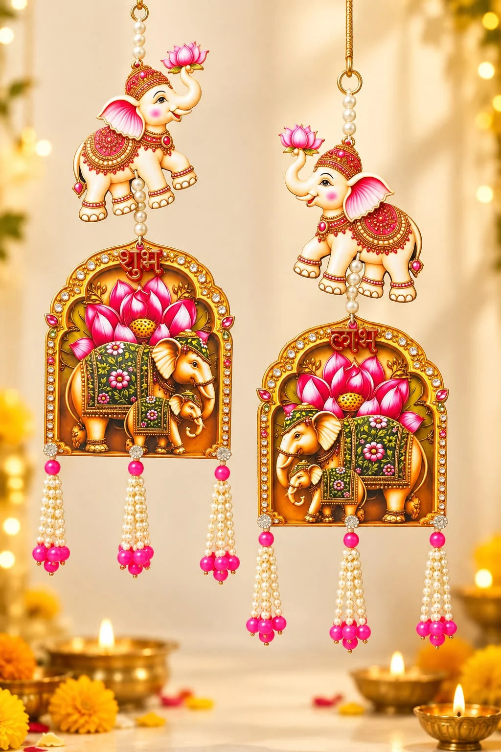Designer Shubh Labh elephant hanging pair with lotus design for Diwali and home entrance decoration