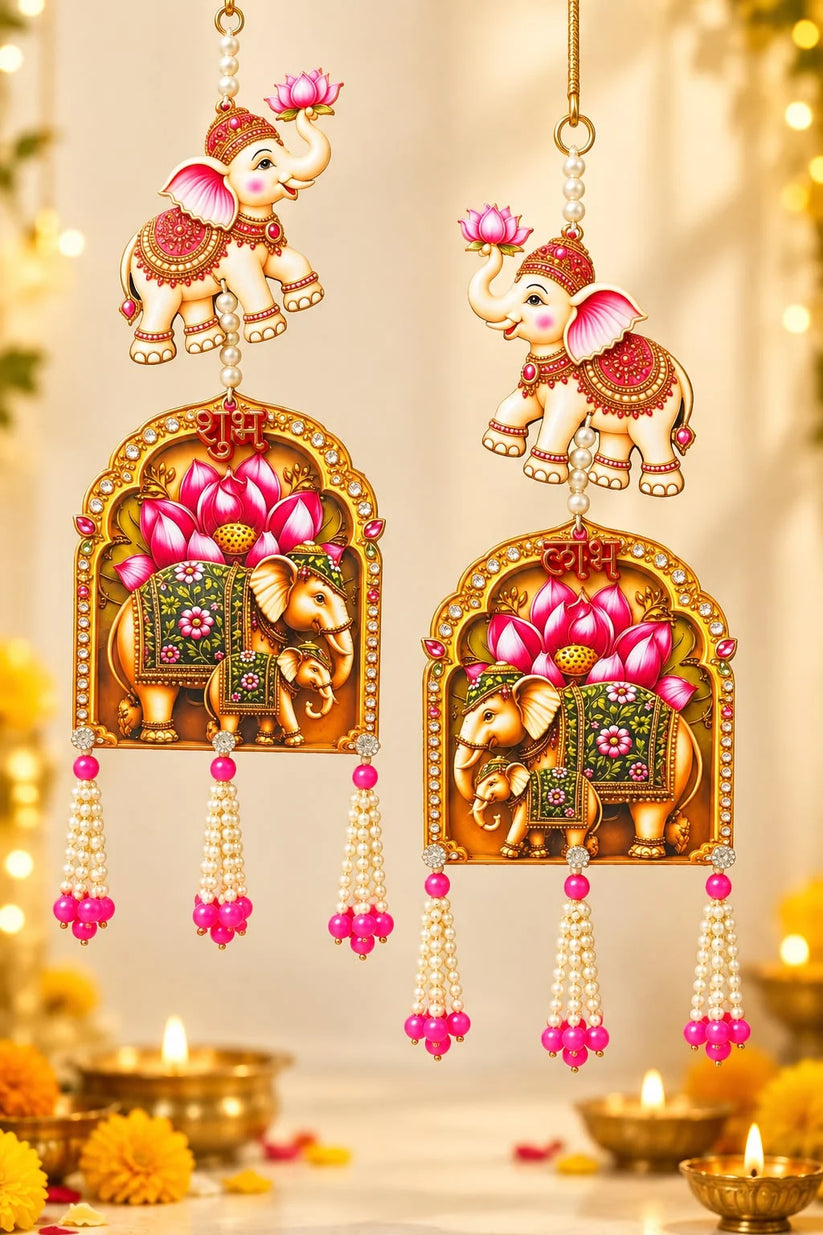 Designer Shubh Labh elephant hanging pair with lotus design for Diwali and home entrance decoration