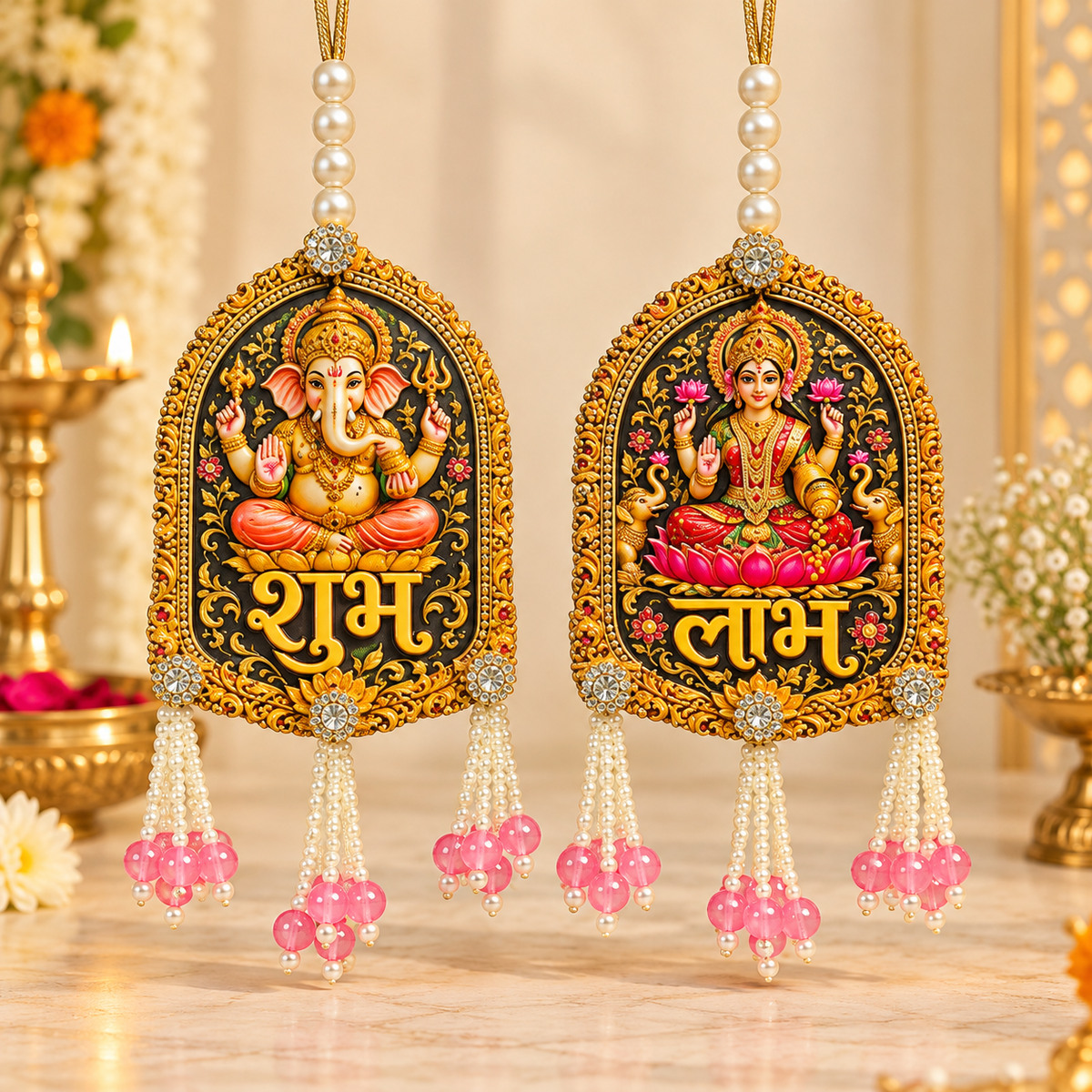 Designer Shubh Labh hanging pair featuring Ganesh Ji and Goddess Lakshmi for Diwali main door and pooja room decoration, 7 x 3 inches