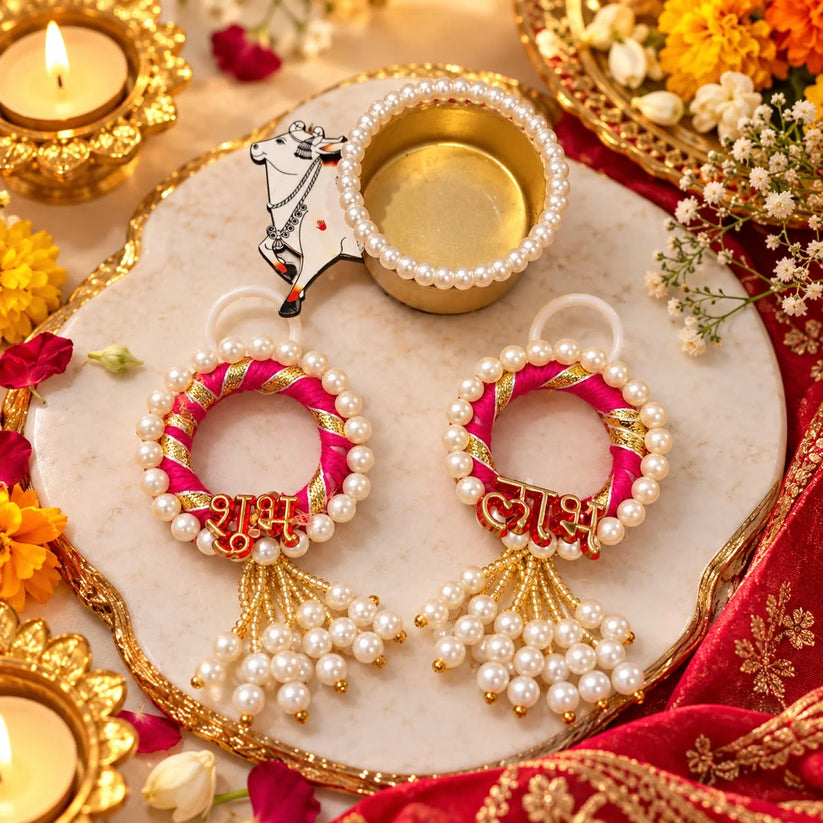 Designer Shubh Labh pearl hanging pair with cow tealight holder for Diwali pooja and home entrance decoration