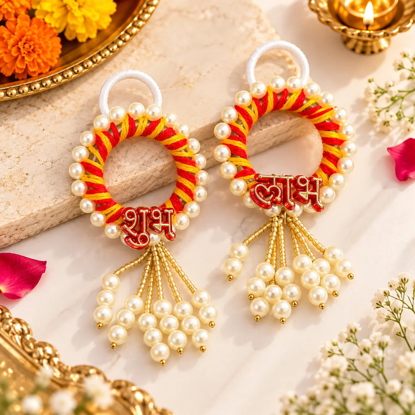 Designer Shubh Labh pearl hanging toran for Diwali door decoration and pooja room decor