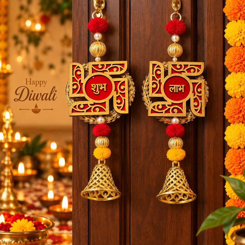 Designer Swastik Shubh Labh door hanging with golden jhumka for Diwali and pooja decoration