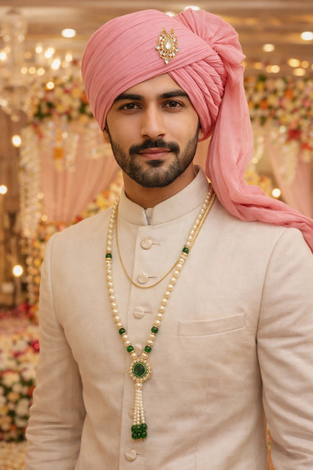 Bridal pearl necklace with green stone accents for ethnic outfit