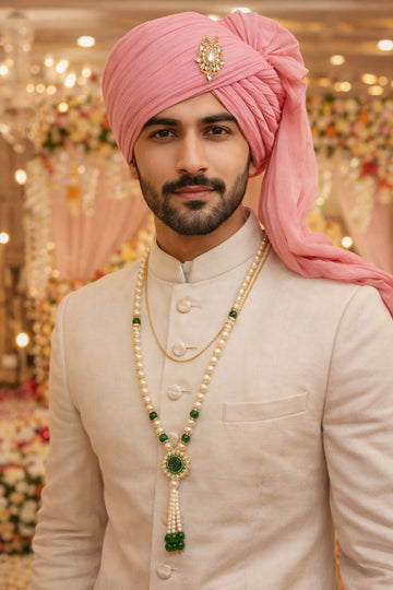 Bridal pearl necklace with green stone accents for ethnic outfit