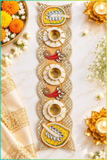 Diwali table runner displayed as a festive dining table centrepiece