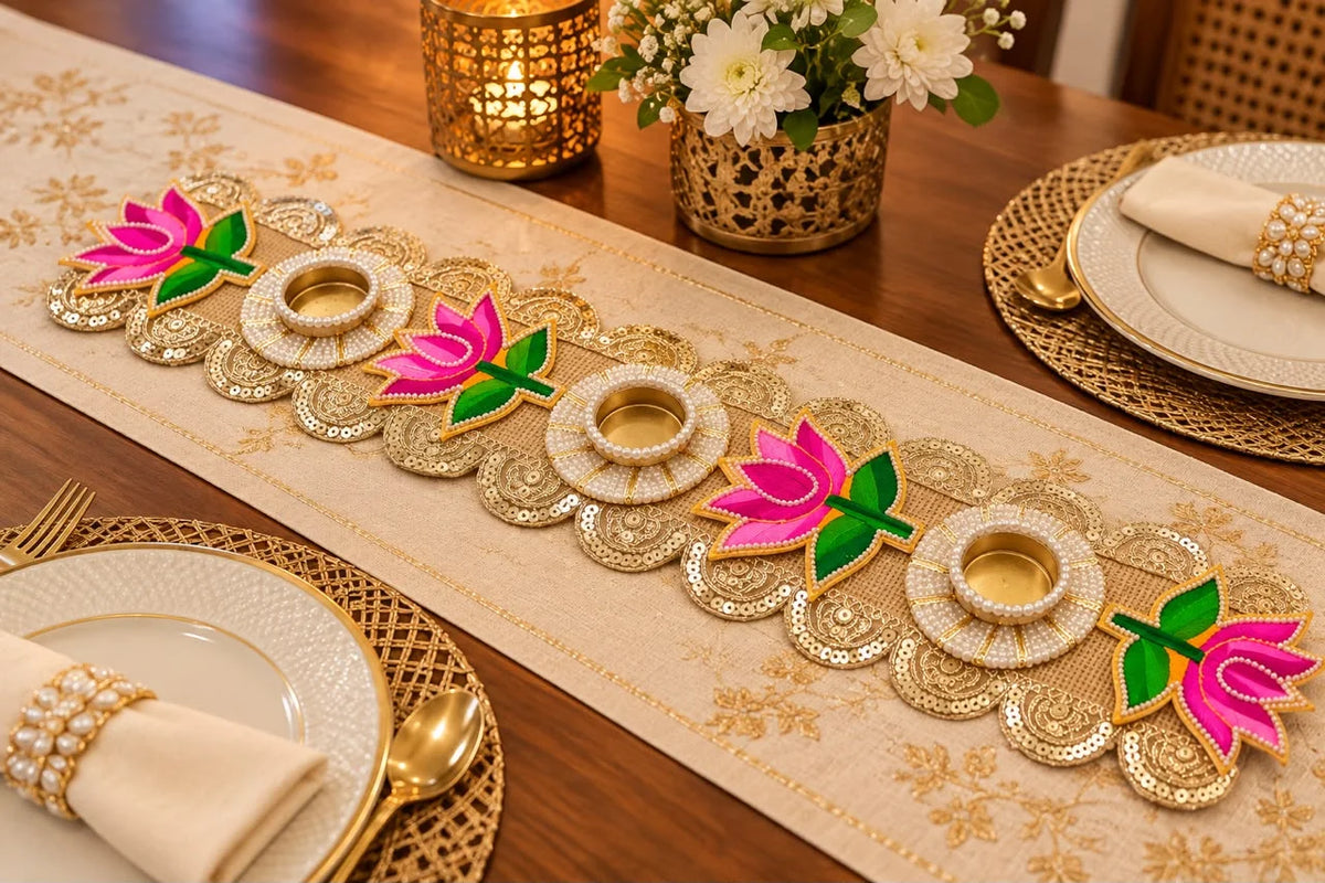 Divyakosh handmade pink lotus table runner with T-light holders for Diwali and festive table decoration