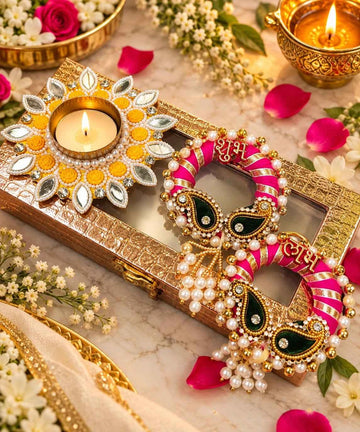 Shubh Labh Tealight Holder Gift Hamper with Decorative Box | Diwali Gift Set