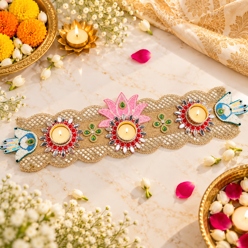 Diwali tea light holder table runner decorated with pearl beadwork, mirror work and floral peacock motifs for festive home decoration.