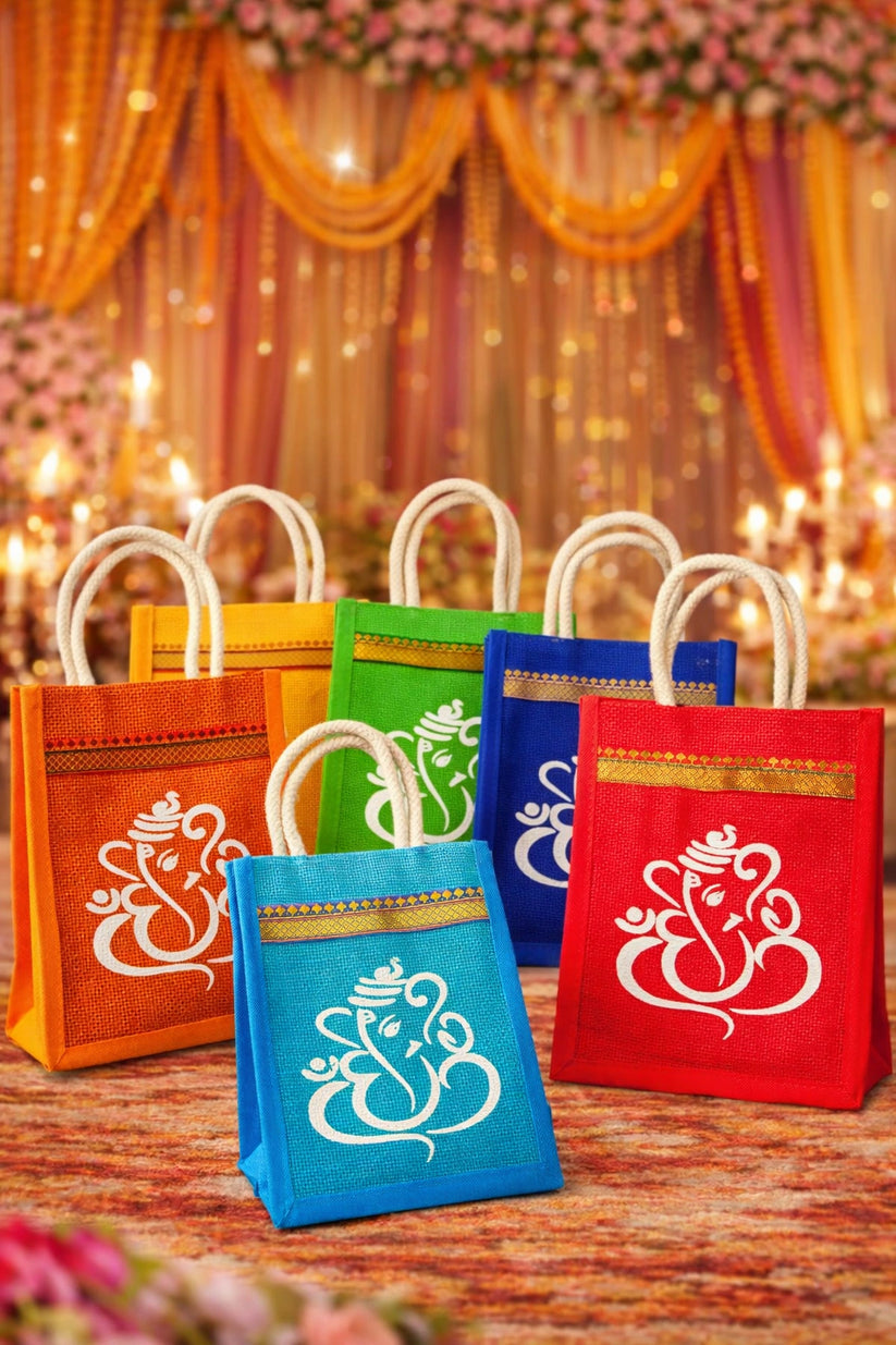 Eco-friendly jute bag with Lord Ganesha print, perfect for return gifts and festive shopping