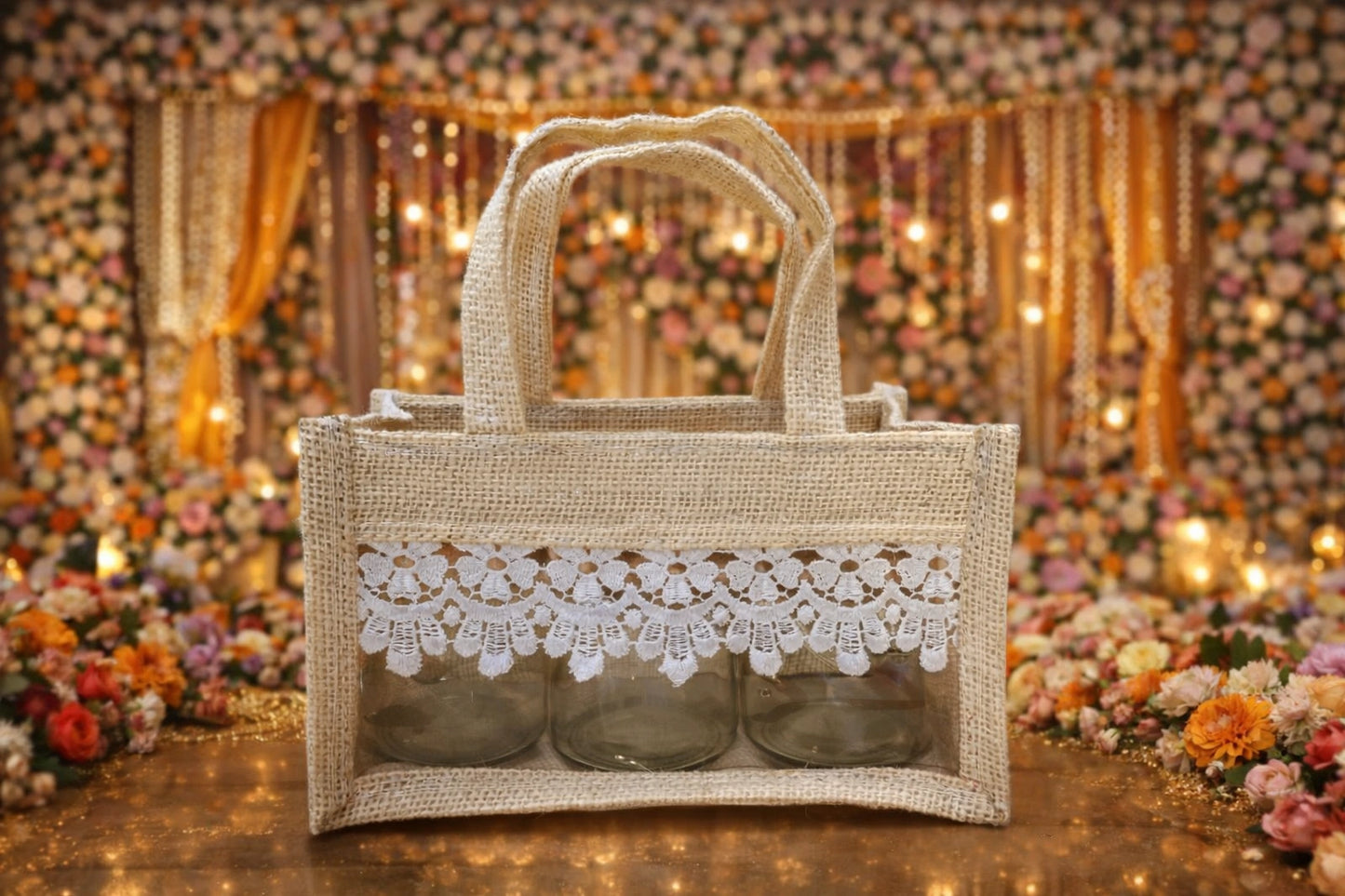 Gift hamper bag with storage glass jar for wedding and festive gifting