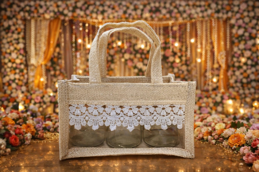 Gift hamper bag with storage glass jar for wedding and festive gifting