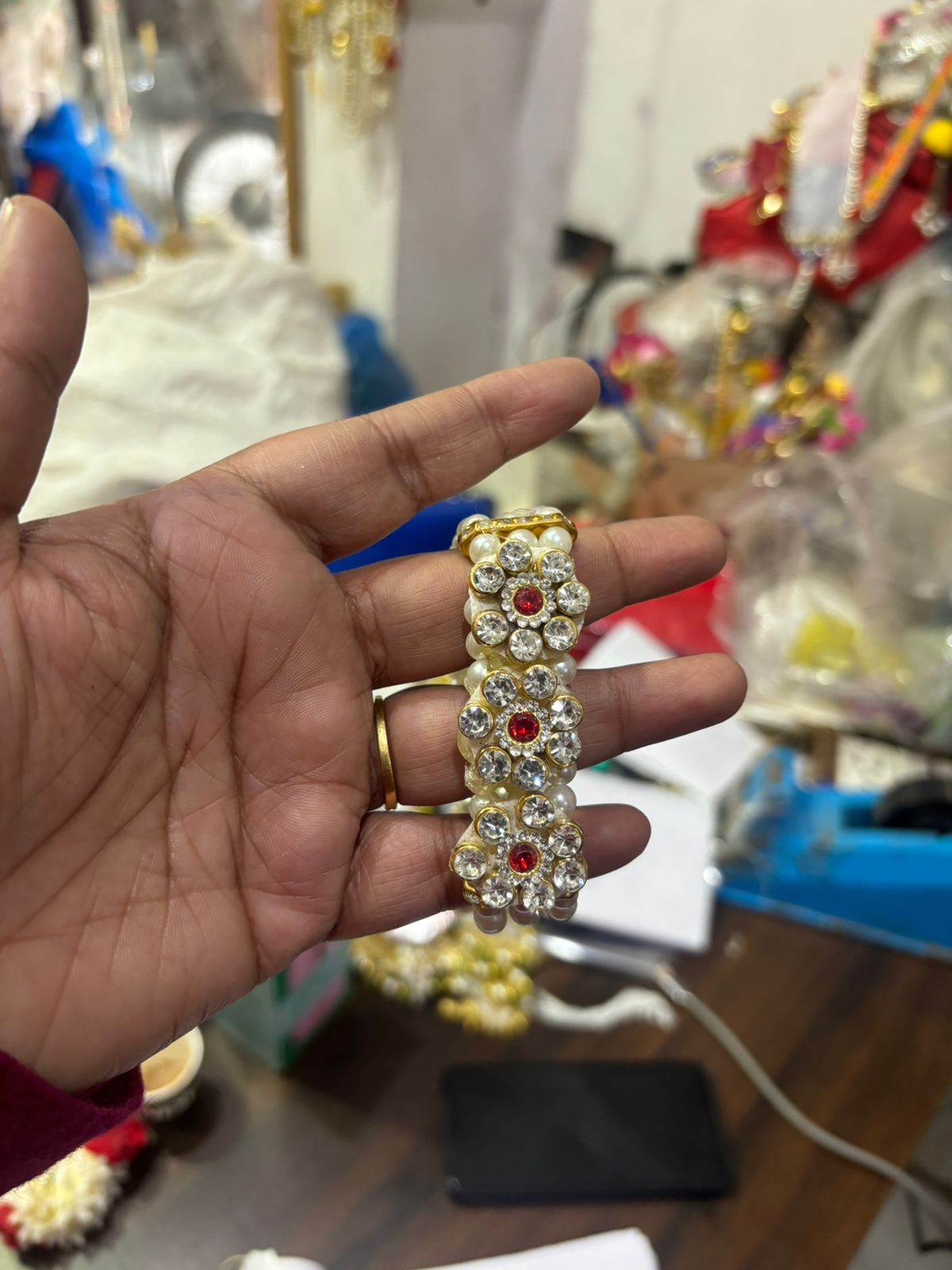 Elegant women’s bracelet with pearls and sparkling crystals perfect for ethnic wear and party styling
