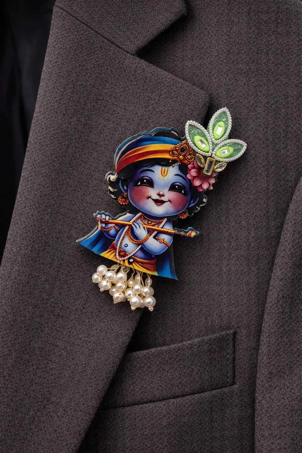 Krishna Ji Brooch Pin – Spiritual Lapel Pin for Kurta, Sherwani, Saree & Blazer