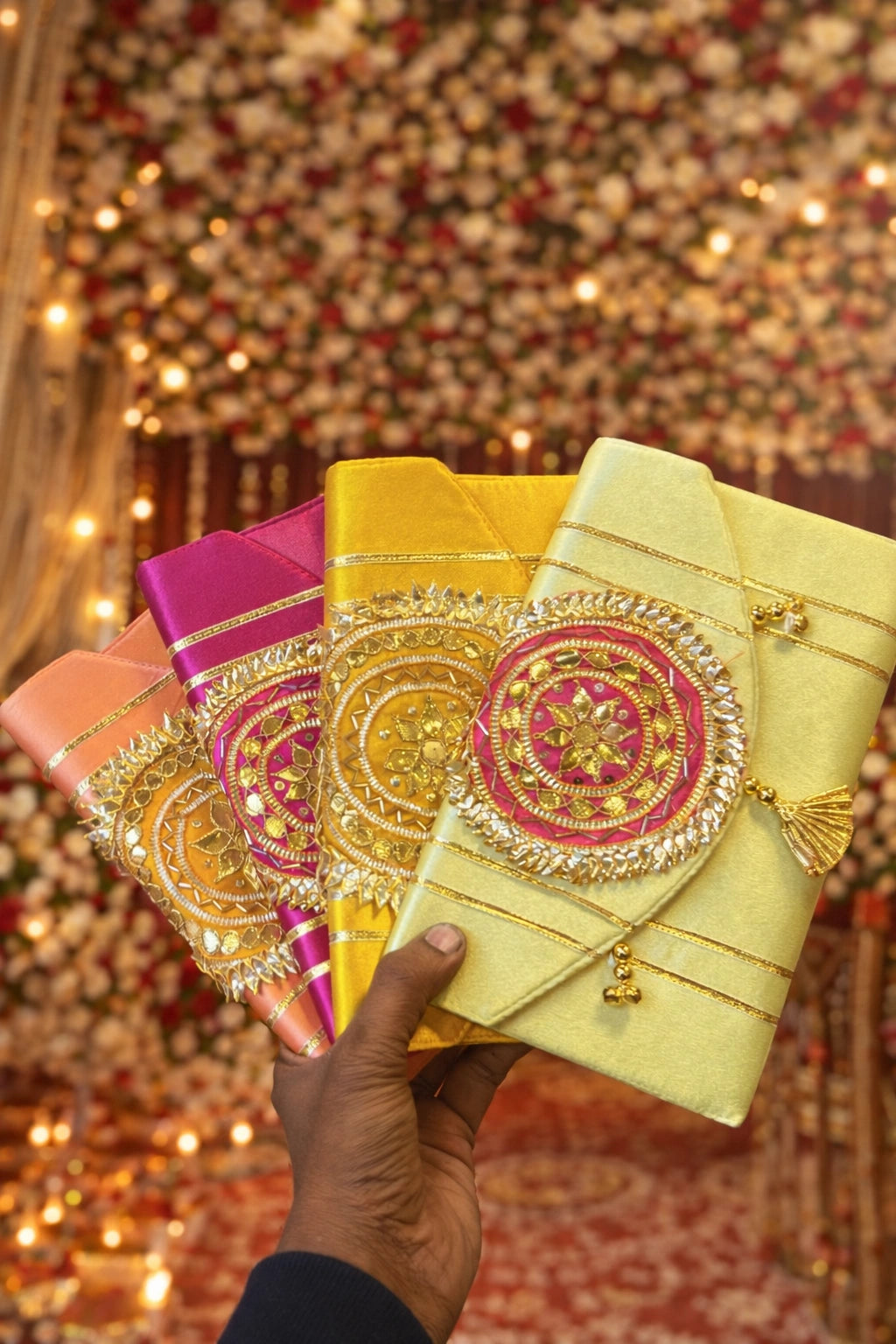 Ethnic bridal clutch with golden gota patti embroidery