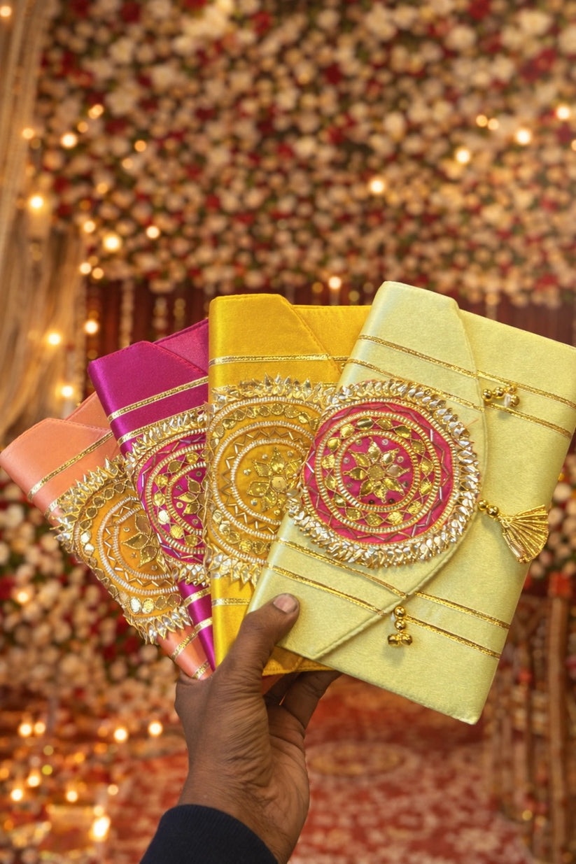 Ethnic bridal clutch with golden gota patti embroidery