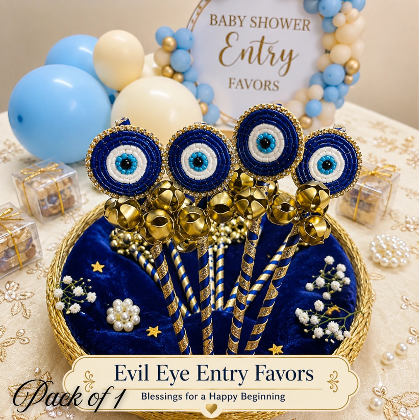 Shop blue and gold Evil Eye baby shower return gifts with golden bells. A unique favor for baby showers, Godh Bharai and guest welcoming.