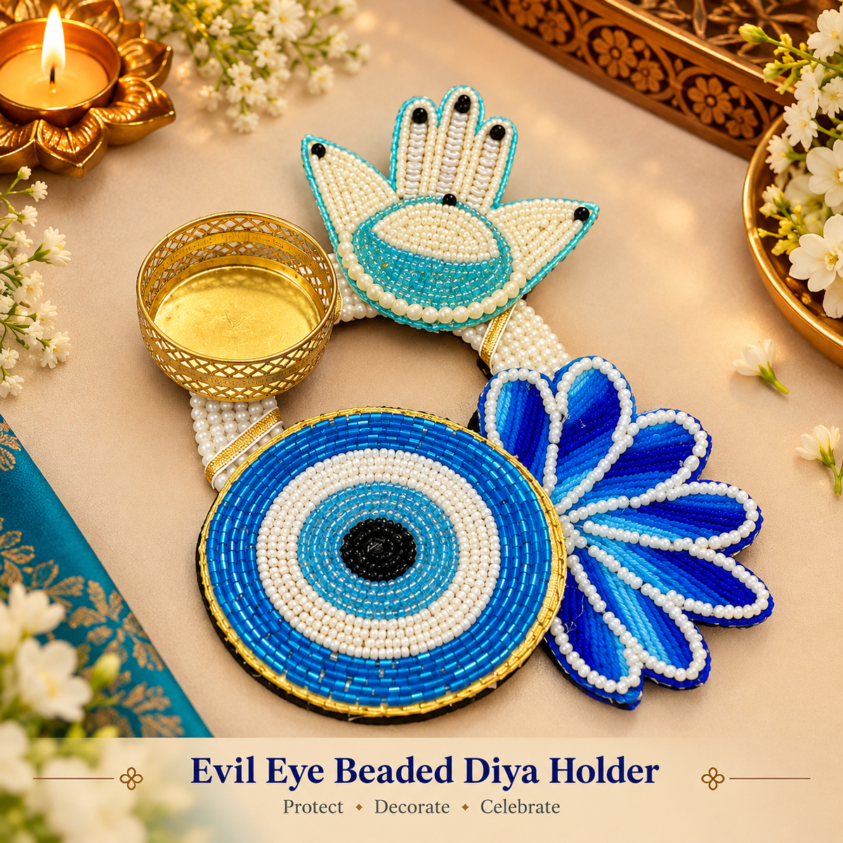 Evil eye beaded tea light holder in blue and white for Diwali home decor