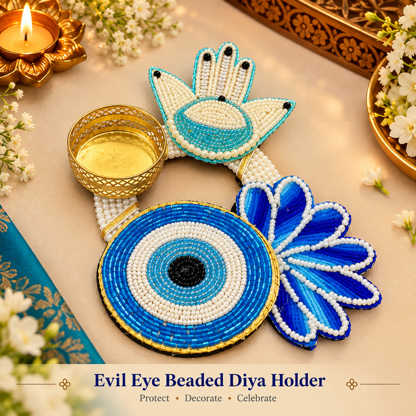Evil eye beaded tea light holder in blue and white for Diwali home decor