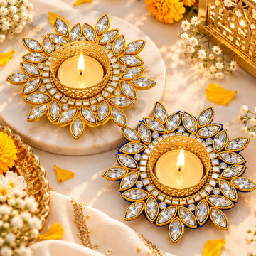 Flower shape tealight holder pair for Diwali decoration, festive home decor and decorative candle styling