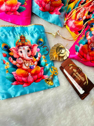Ganesh Chaturthi Gift Hamper | Ganesh Ji Printed Potli with Brass Diya, Bell & Ganesh Atharvashirsha | Festival Return Gift