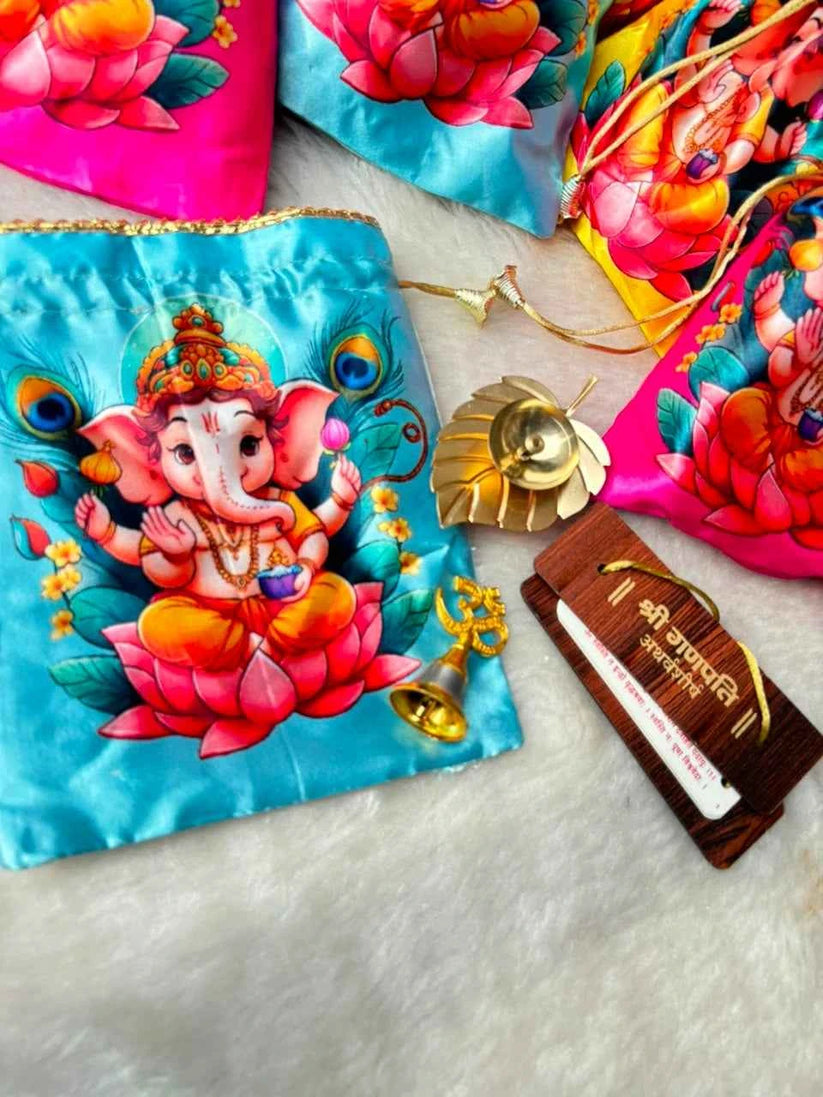 Ganesh Chaturthi Gift Hamper | Ganesh Ji Printed Potli with Brass Diya, Bell & Ganesh Atharvashirsha | Festival Return Gift
