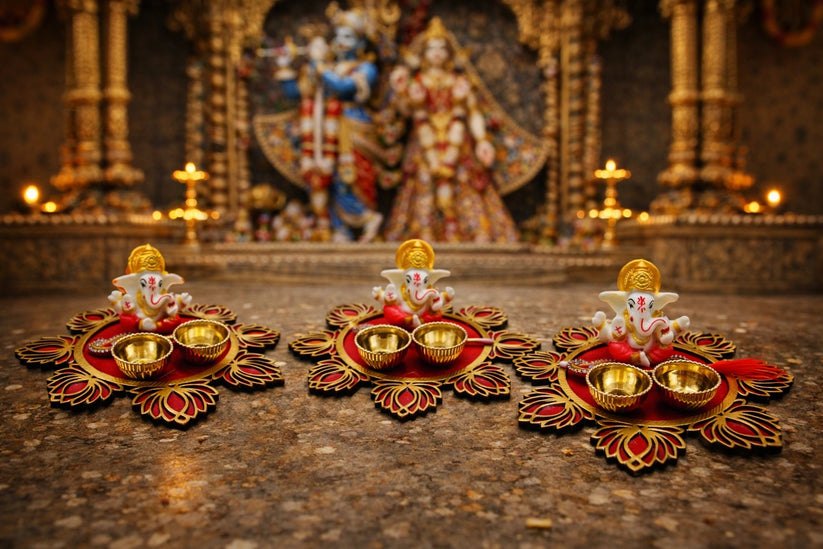 Decorative Ganesh roli chawal platter used for tilak ceremony and pooja rituals