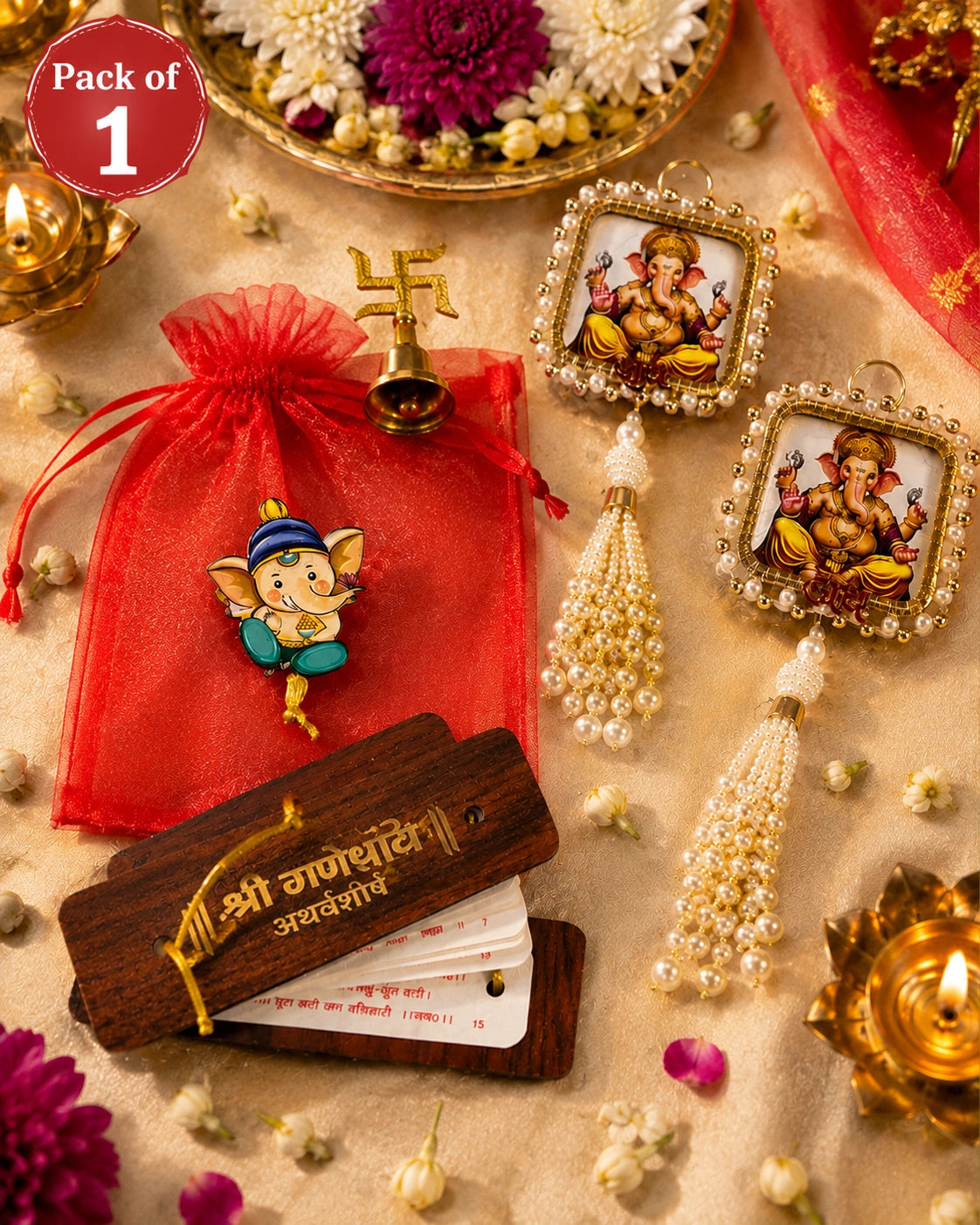 Ganesh Shubh Labh gift hamper with Ganesh Atharvashirsha, pooja bell and potli for Ganesh Chaturthi return gift