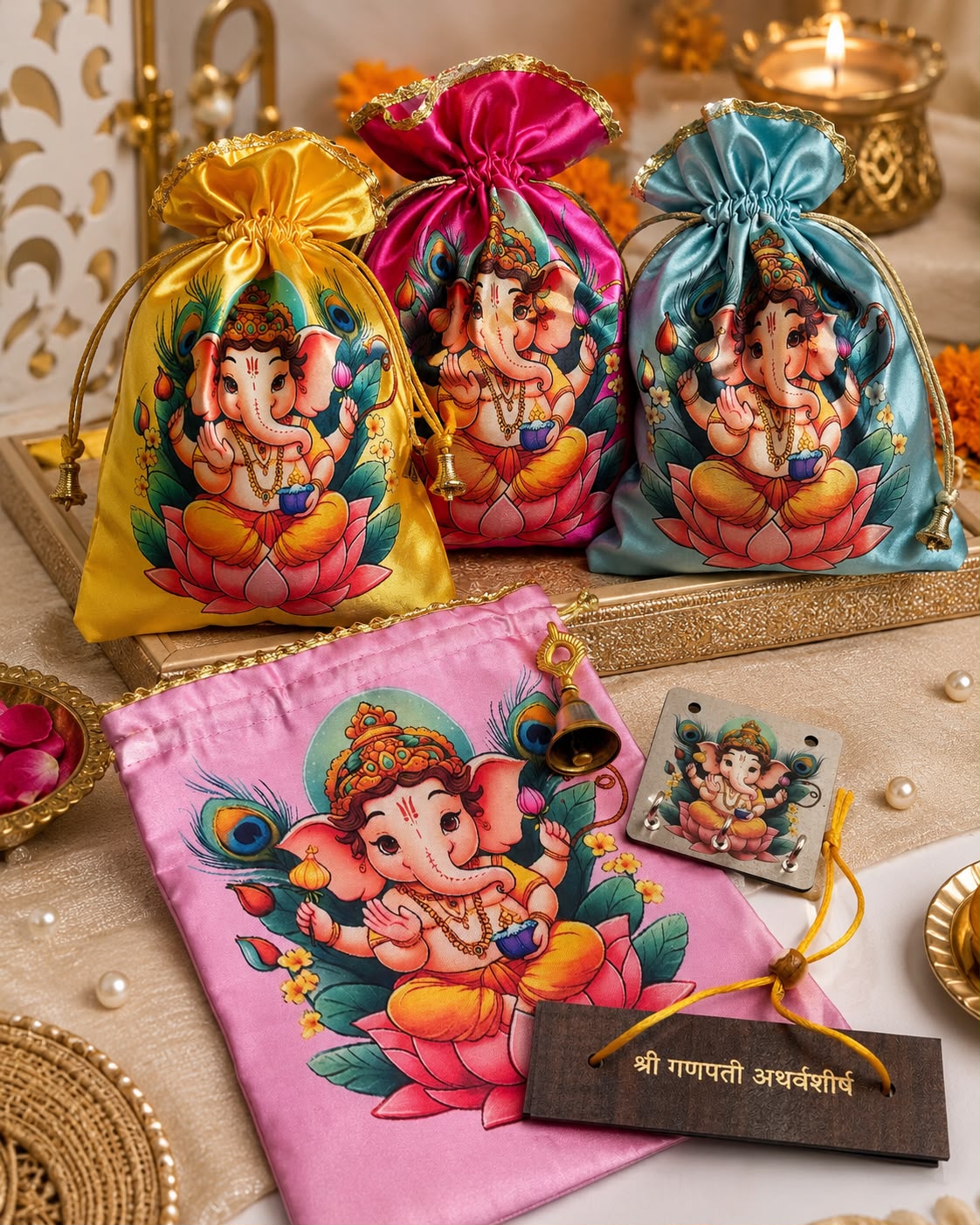 Ganpati Bappa return gift hamper with designer Ganesh potli, Ganesh bell, printed key holder and Ganpati Atharvashirsha for Ganesh Chaturthi