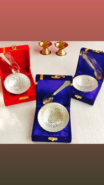 German silver bowl with decorative box used for pooja, wedding return gifts, and festive occasions