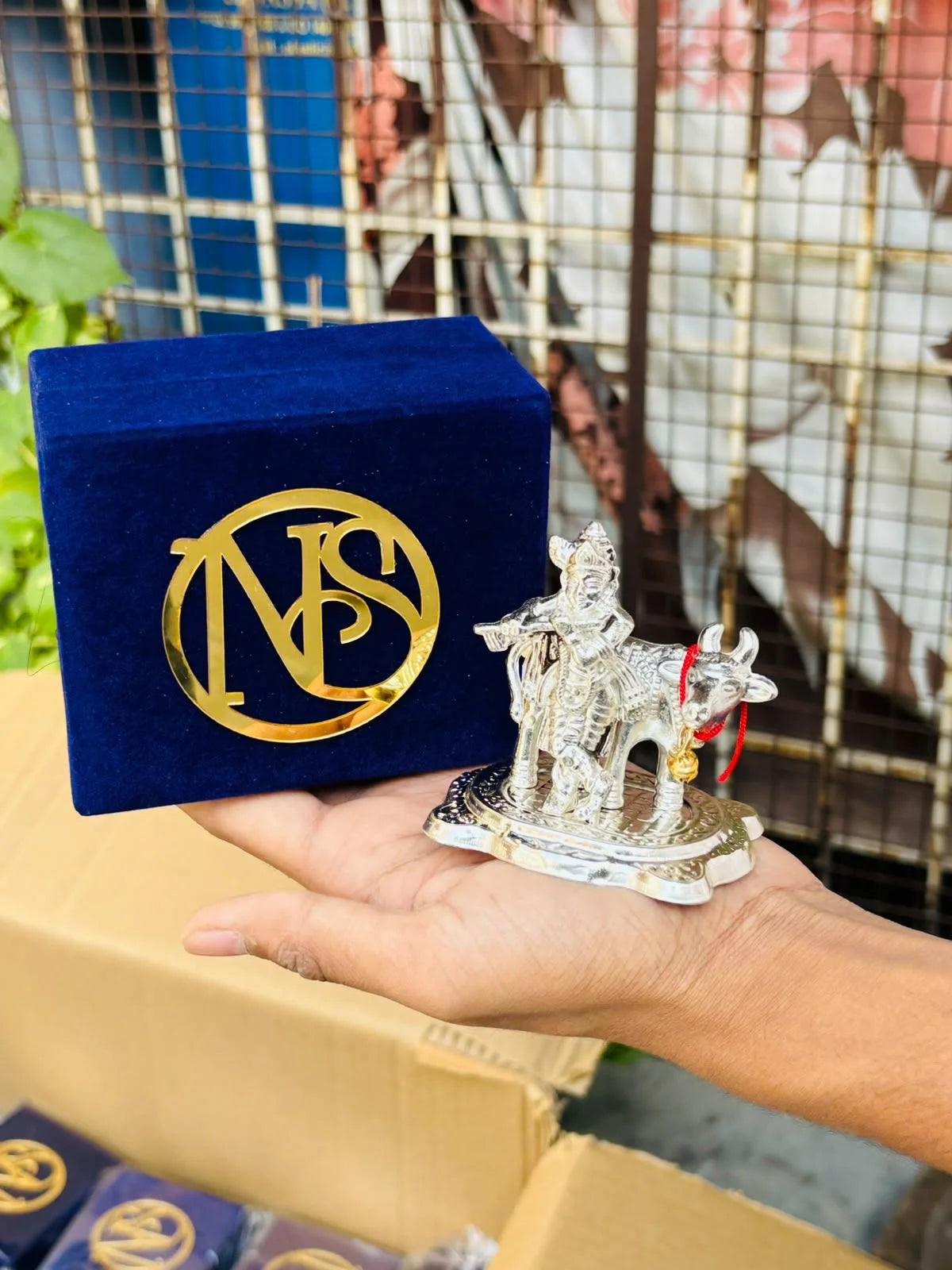 German silver Cow Krishna Kamadhenu idol with customised gift packaging for wedding and pooja return gifts