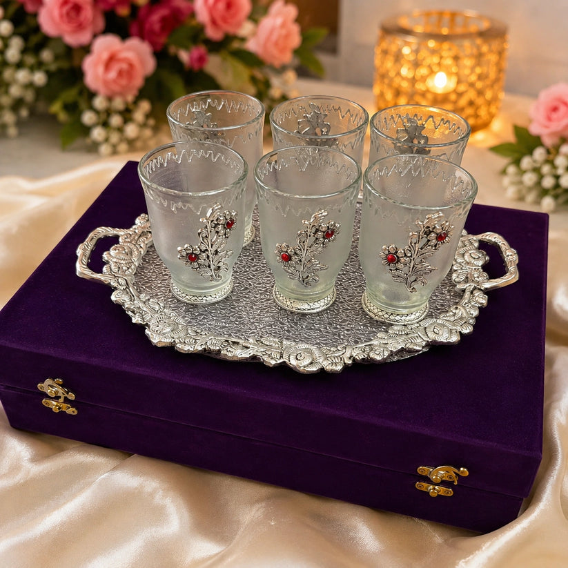 German silver floral tea glass set with designer serving tray and velvet gift box
