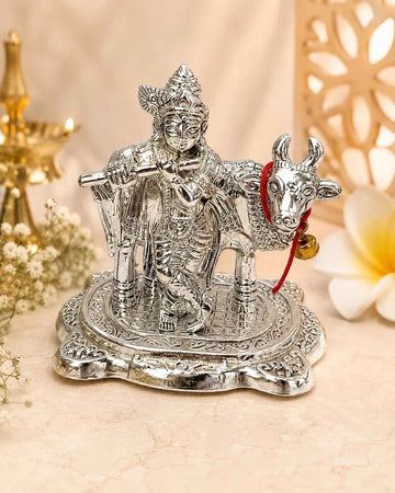 German Silver Krishna with Cow Idol | Premium Return Gift
