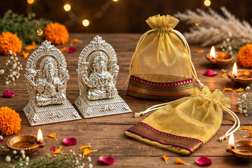 German silver Lakshmi Ji and Ganesh Ji idol set presented in a decorative potli hamper for Diwali puja and festive gifting